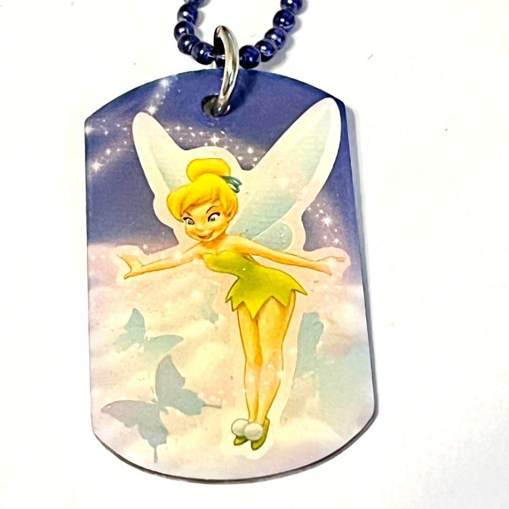 Vintage Disney Tinker Bell Necklace Tink Fairy Dog tag Style Purple 18"